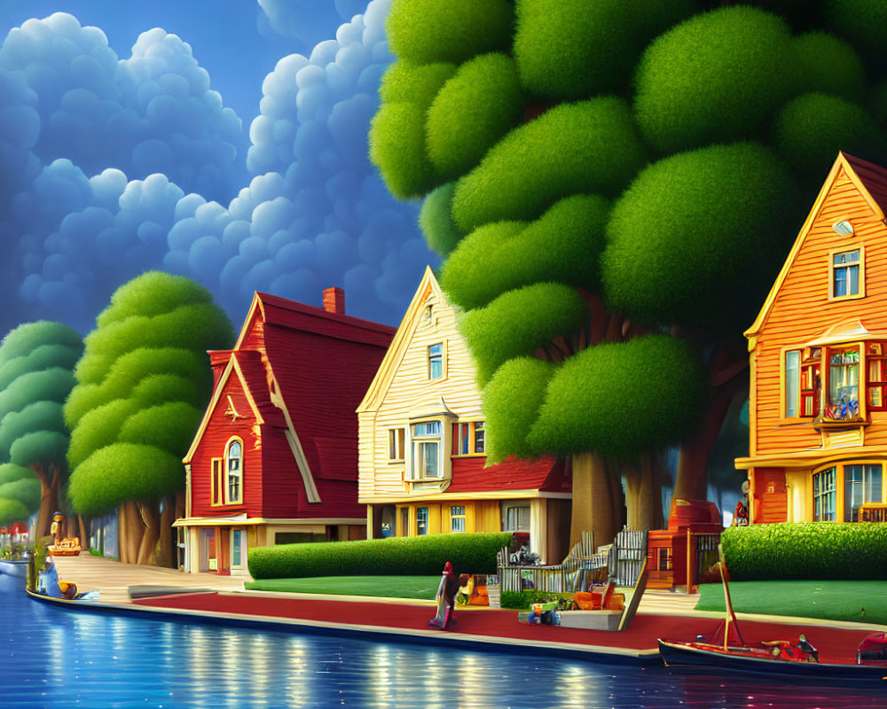 Vibrant houses near river, cloudy sky, green trees, boat, people outdoors