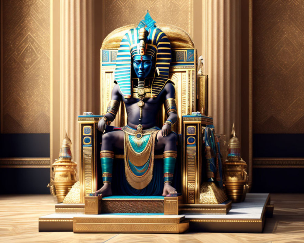 Egyptian Pharaoh Statue in Gold and Lapis Lazuli on Throne