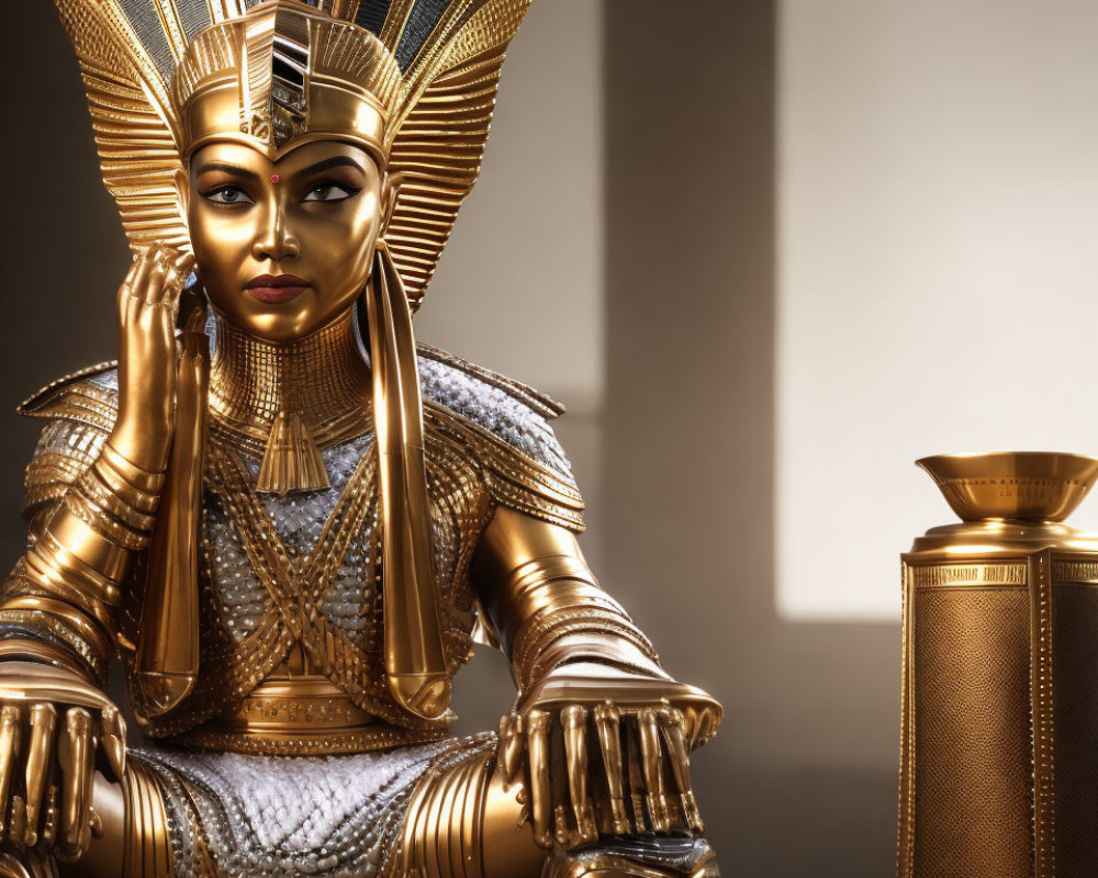 Elaborate Golden Ancient Egyptian Pharaoh Costume and Regal Seated Pose