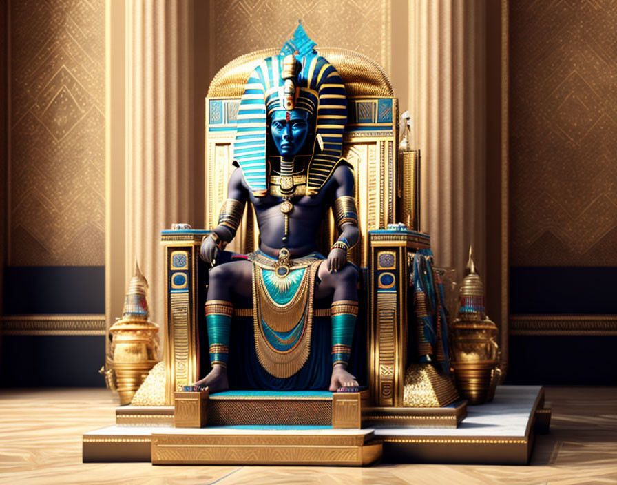 Egyptian Pharaoh Statue in Gold and Lapis Lazuli on Throne