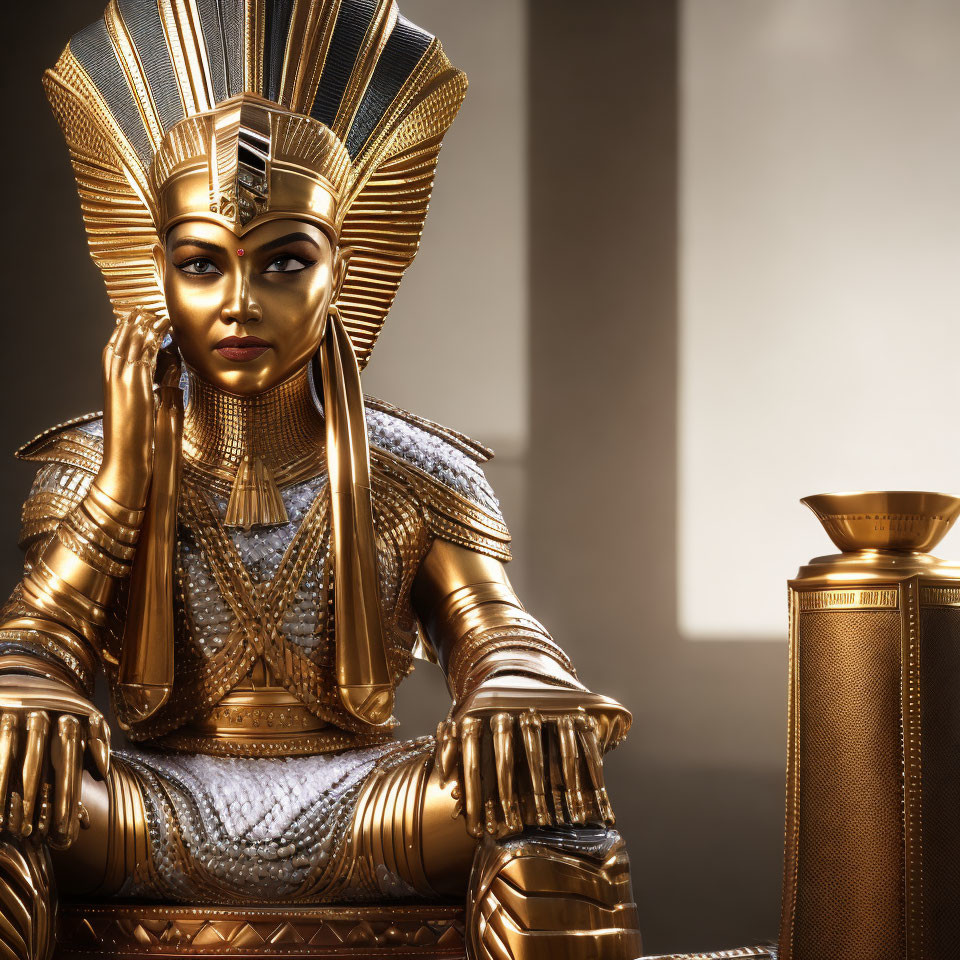 Elaborate Golden Ancient Egyptian Pharaoh Costume and Regal Seated Pose