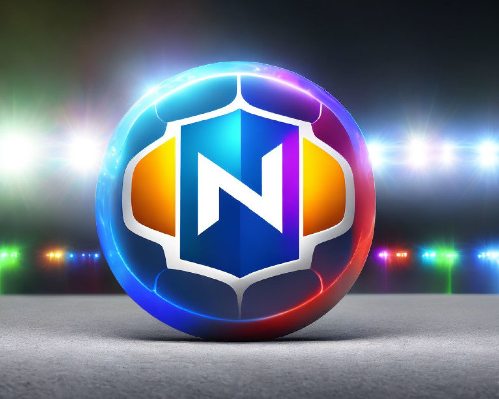 Colorful 3D Sphere with Illuminated "N" Shield Emblem on Dark Background