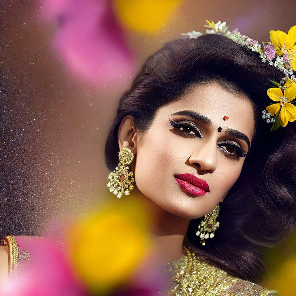 Woman with elegant makeup and jewelry surrounded by pink blossoms and cosmic glitter