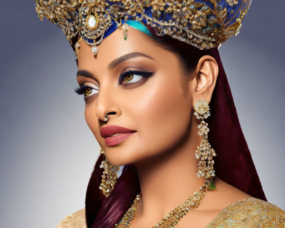 Woman in ornate gold and blue headdress and jewelry on grey backdrop