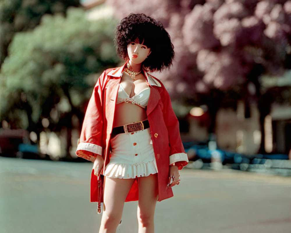 Red jacket, white dress, and red boots doll on street with pink trees.