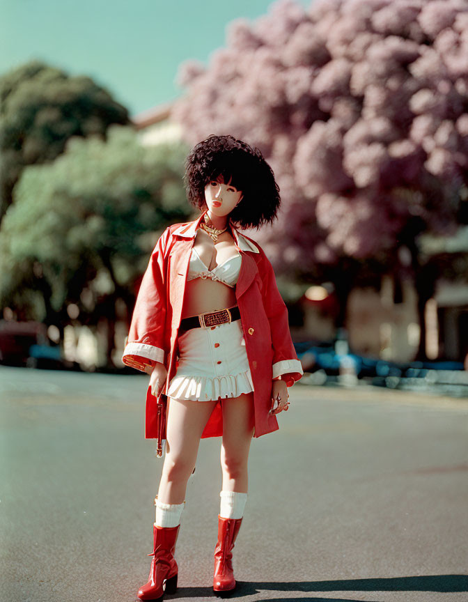 Red jacket, white dress, and red boots doll on street with pink trees.