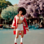 Red jacket, white dress, and red boots doll on street with pink trees.