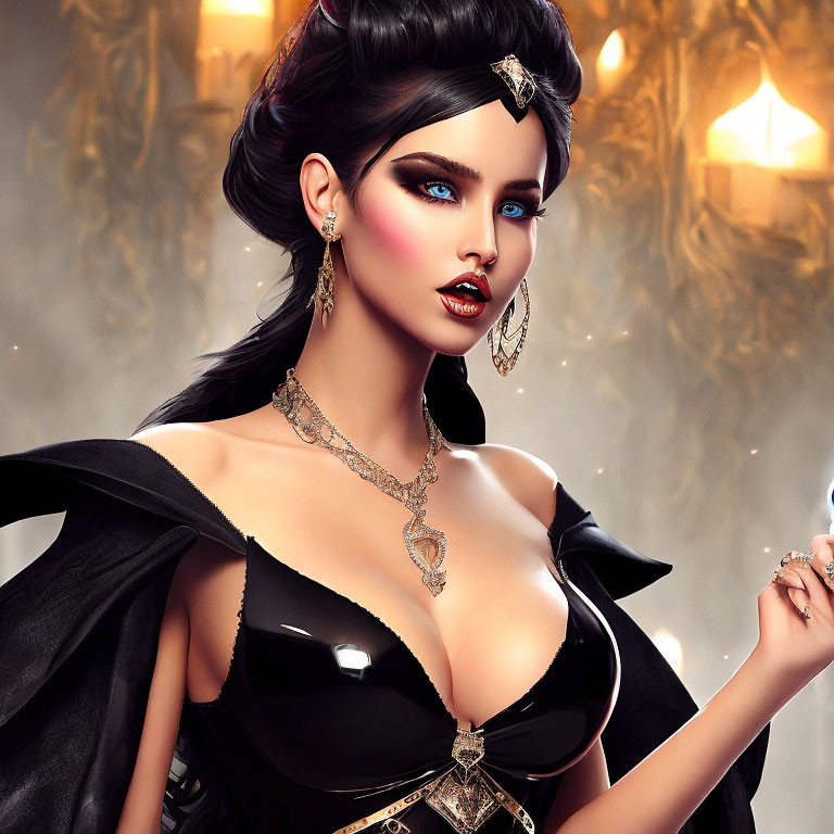 Digital Artwork: Woman with Blue Eyes, Black Hair, Gold Jewelry, Black Dress