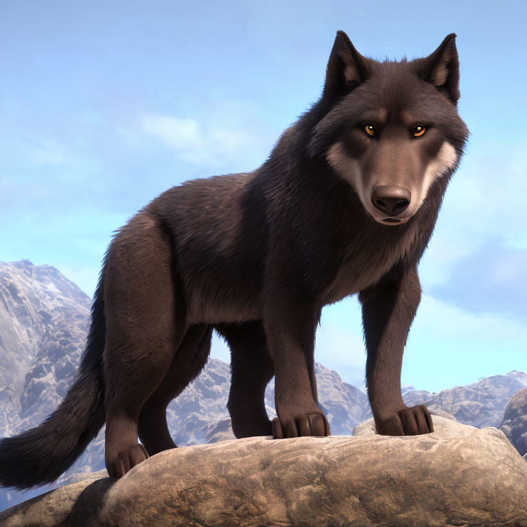 Realistic black wolf on rocky outcrop with mountains in background