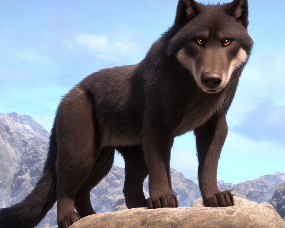 Realistic black wolf on rocky outcrop with mountains in background
