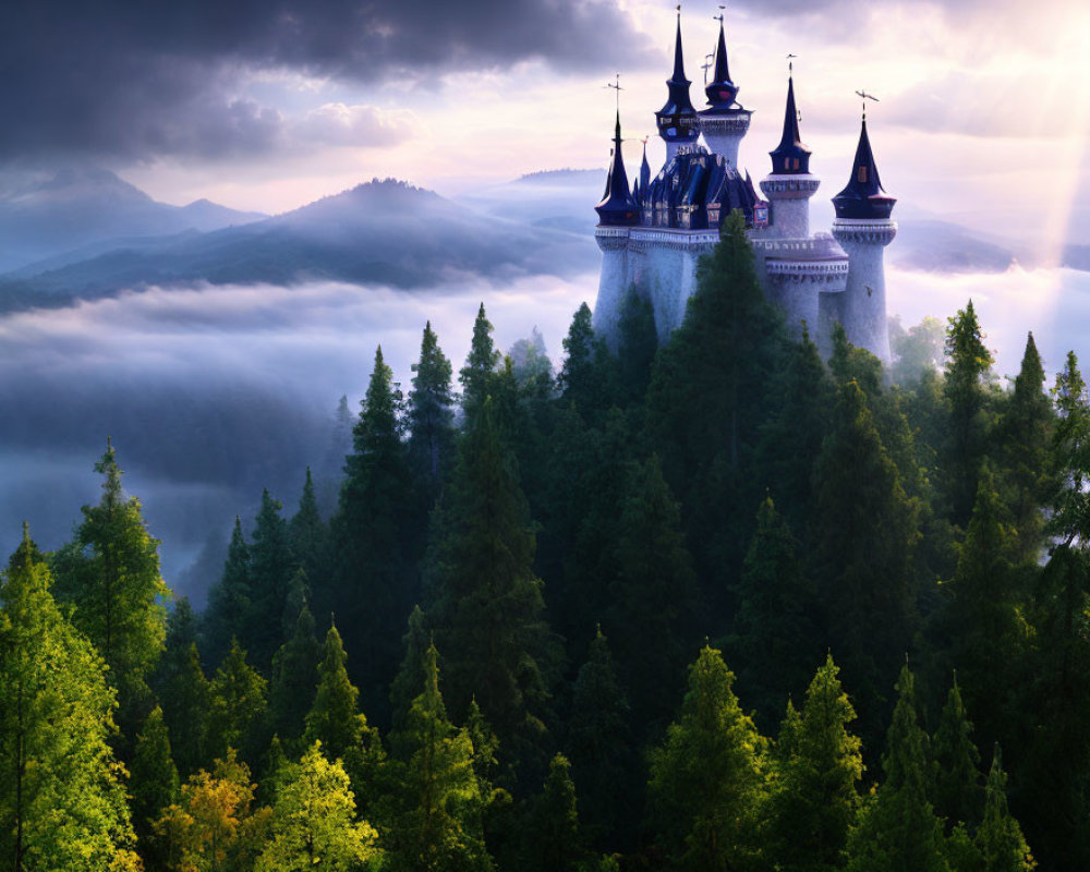 Enchanting fairy-tale castle on forested hill under dramatic sky