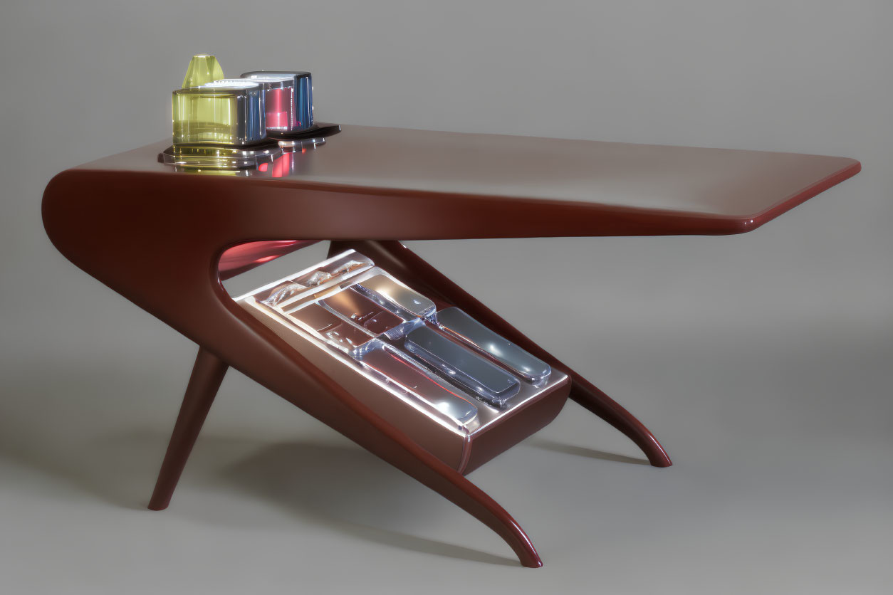 Brown Modern Table with Reflective Shelf, Camera, and Yellow Glasses