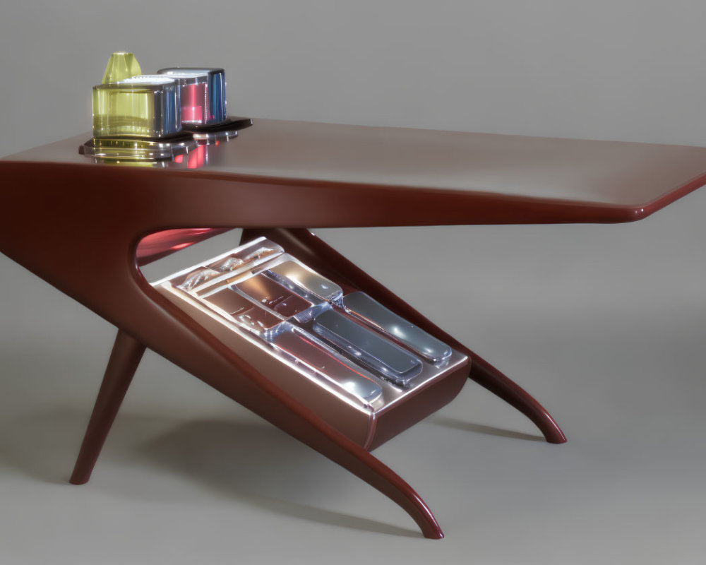 Brown Modern Table with Reflective Shelf, Camera, and Yellow Glasses