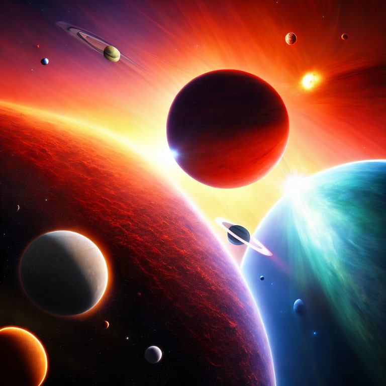 Colorful cosmic scene with planets and radiant star in deep space