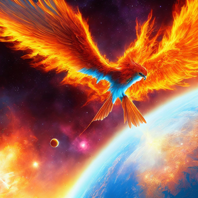 Majestic phoenix with fiery wings in space near Earth