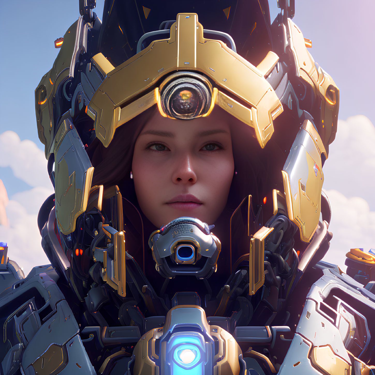 Young woman in futuristic armored suit with mechanical collar and helmet against cloudy sky.