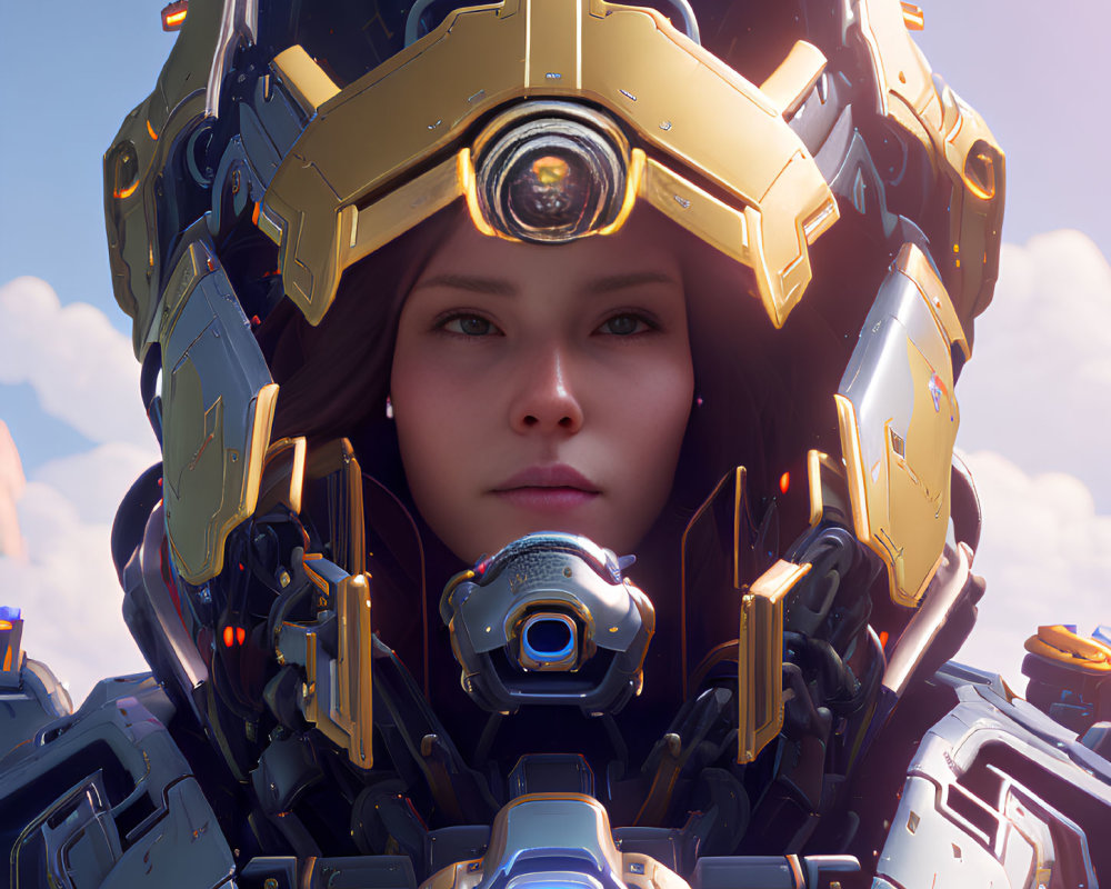 Young woman in futuristic armored suit with mechanical collar and helmet against cloudy sky.