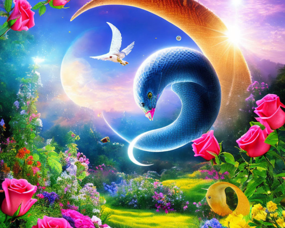 Vibrant blue snake, colorful flowers, white bird, and glowing sun in dreamlike garden