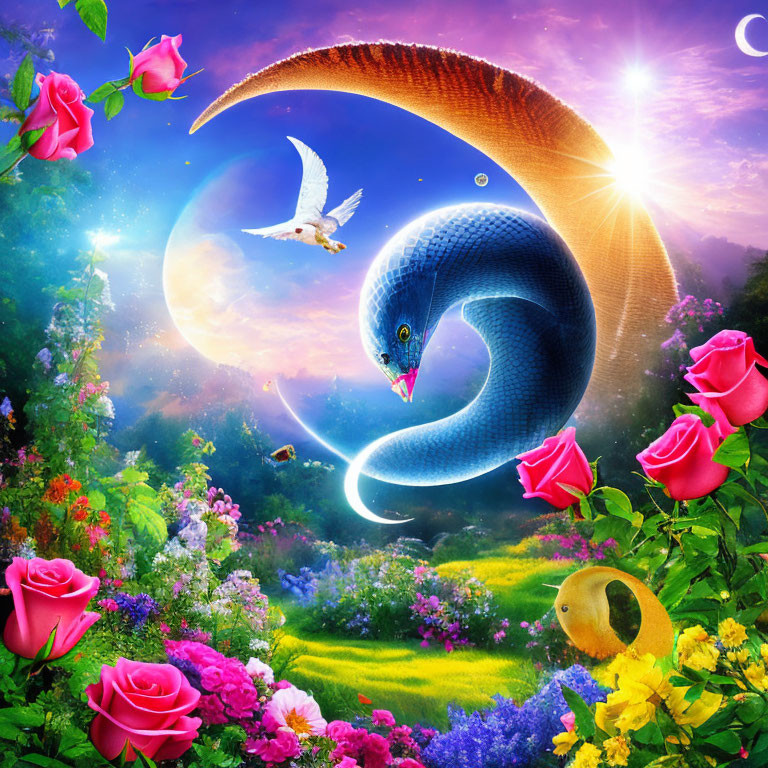 Vibrant blue snake, colorful flowers, white bird, and glowing sun in dreamlike garden