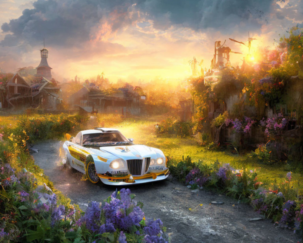 Vintage race car on vibrant, flower-filled path in surreal post-apocalyptic setting