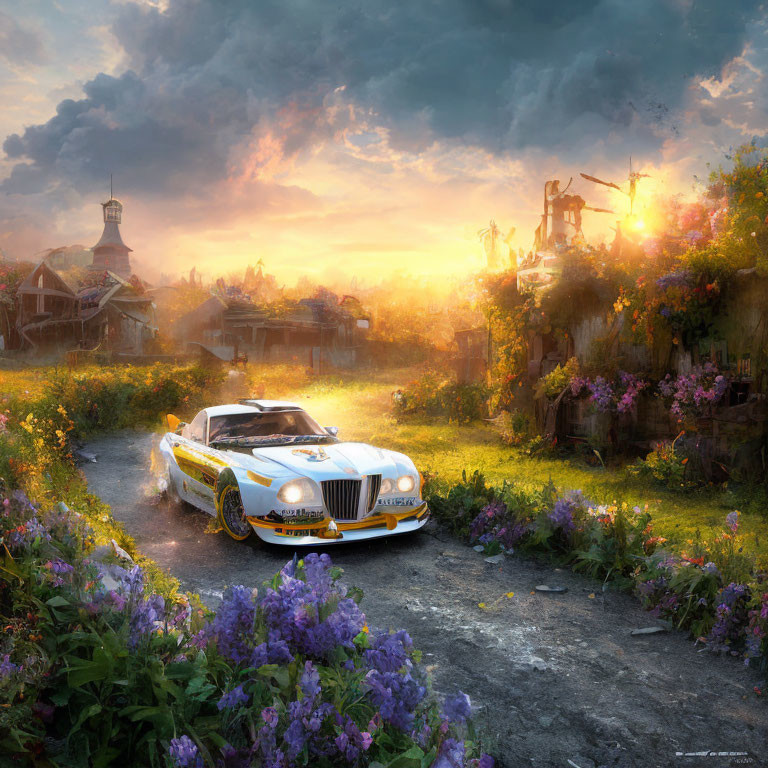 Vintage race car on vibrant, flower-filled path in surreal post-apocalyptic setting