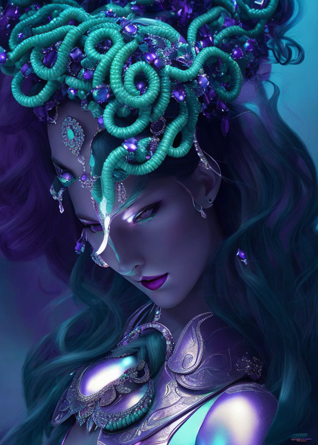 Fantasy Artwork: Woman with Green Skin and Elaborate Serpentine Headdress