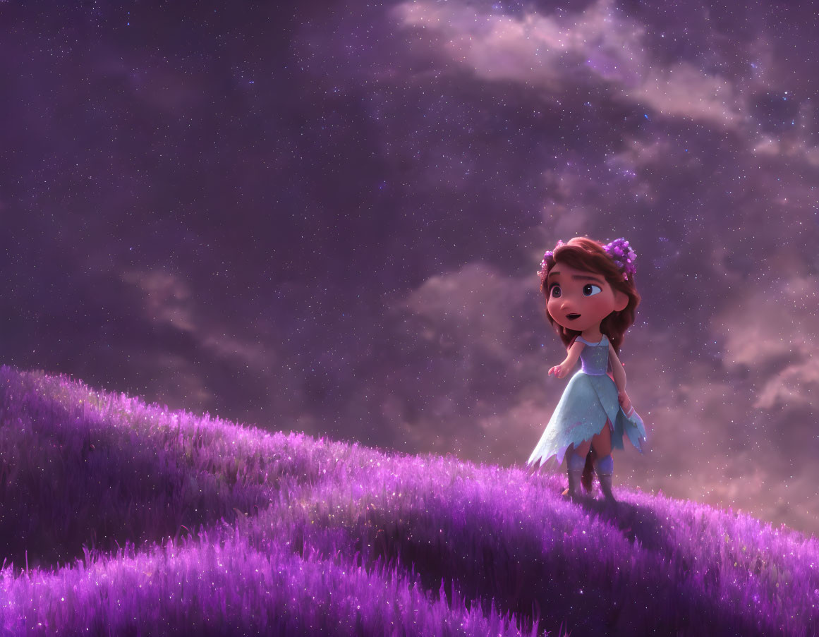 Blue-dressed girl in purple field under starry sky