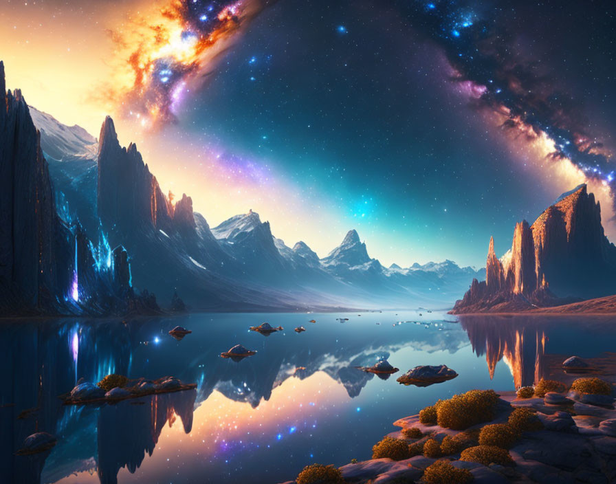 Surreal starry sky reflected in tranquil lake with glowing mountains