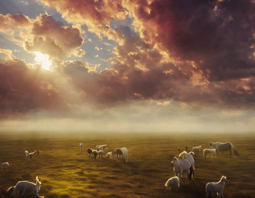 Herd of sheep grazing under dramatic sky with sunbeams over misty field