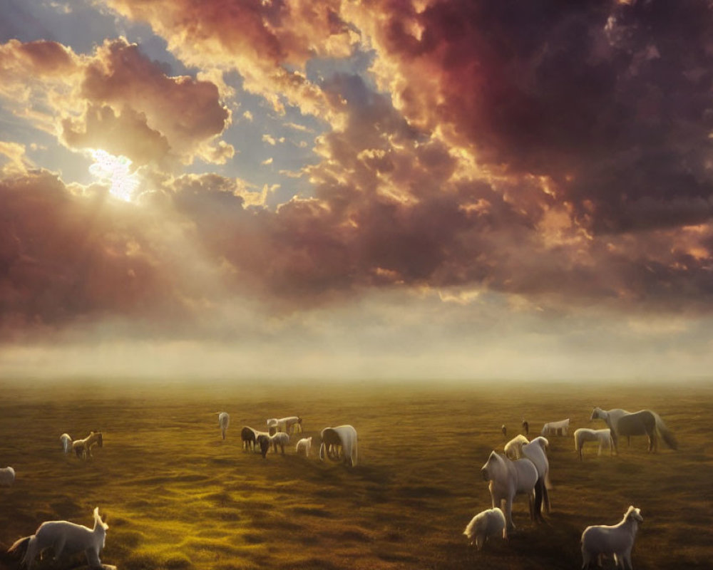 Herd of sheep grazing under dramatic sky with sunbeams over misty field