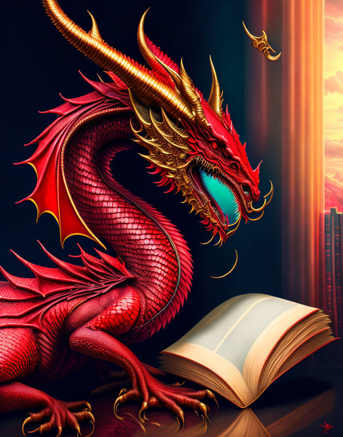 Detailed red and gold dragon illustration with city skyline backdrop.