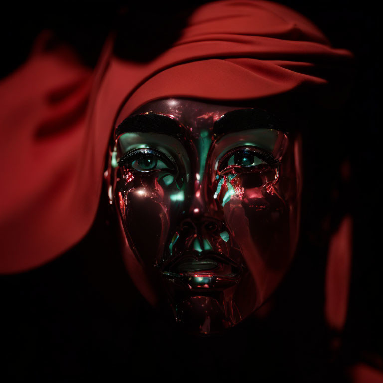 Shiny metallic red face mask on dark background with draped cloth