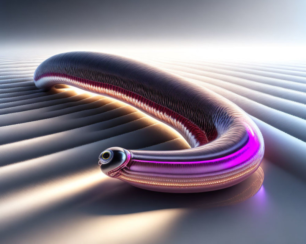 Metallic snake-like creature with purple and pink highlights on striped surface