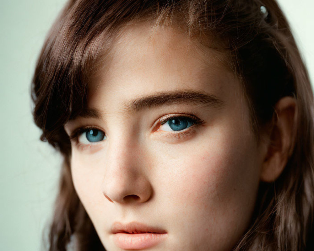 Young woman with blue eyes and brown hair in neutral expression on soft blue background