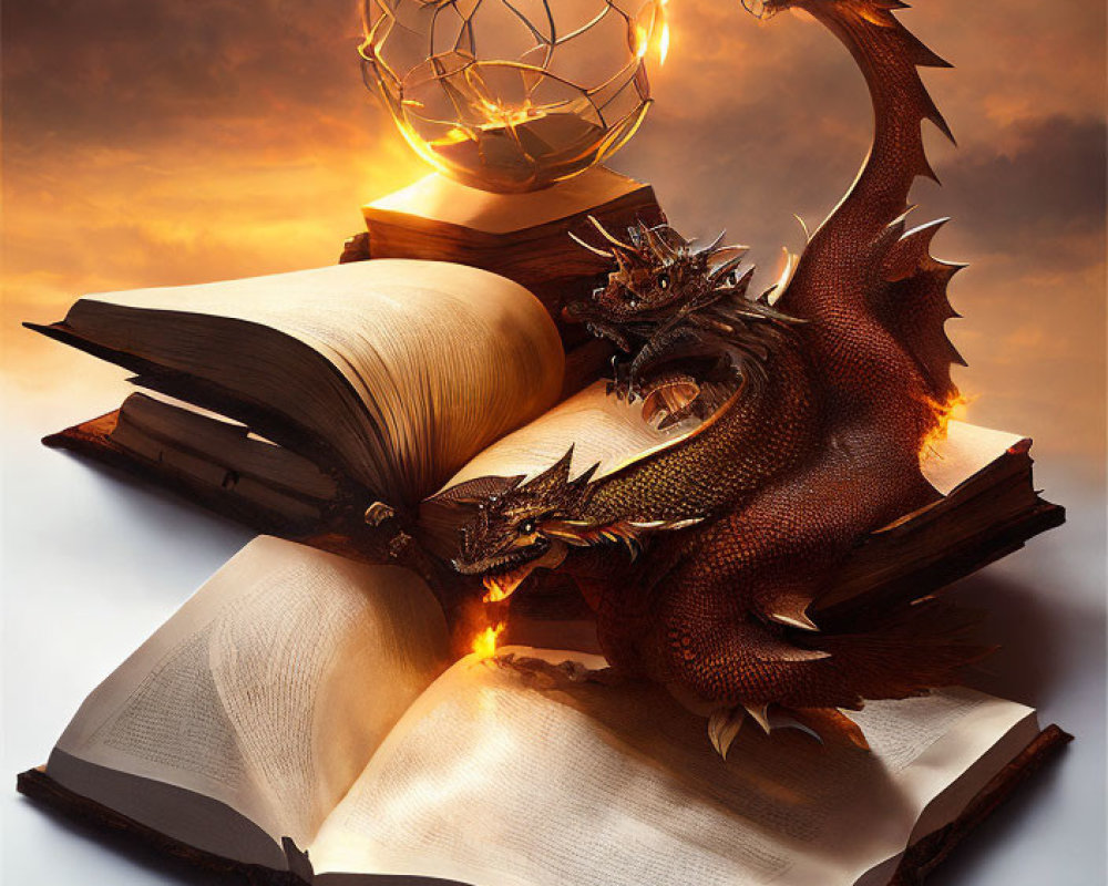 Majestic dragon on glowing book with geometric orb in golden sky