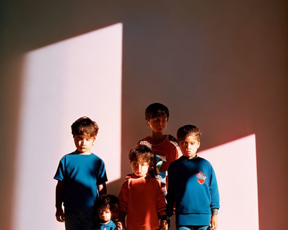 Children standing in a row under natural light with geometric shadows.