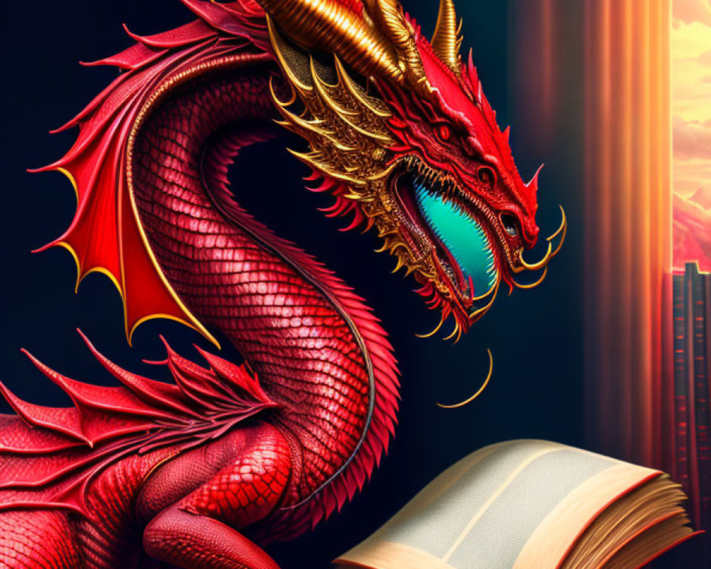 Detailed red and gold dragon illustration with city skyline backdrop.