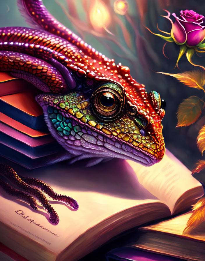 Colorful chameleon on books gazes at rose on soft background