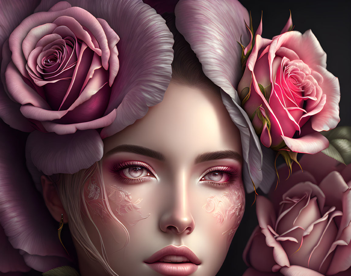 Detailed digital portrait of woman with pink roses in hair and facial tattoos on dark background