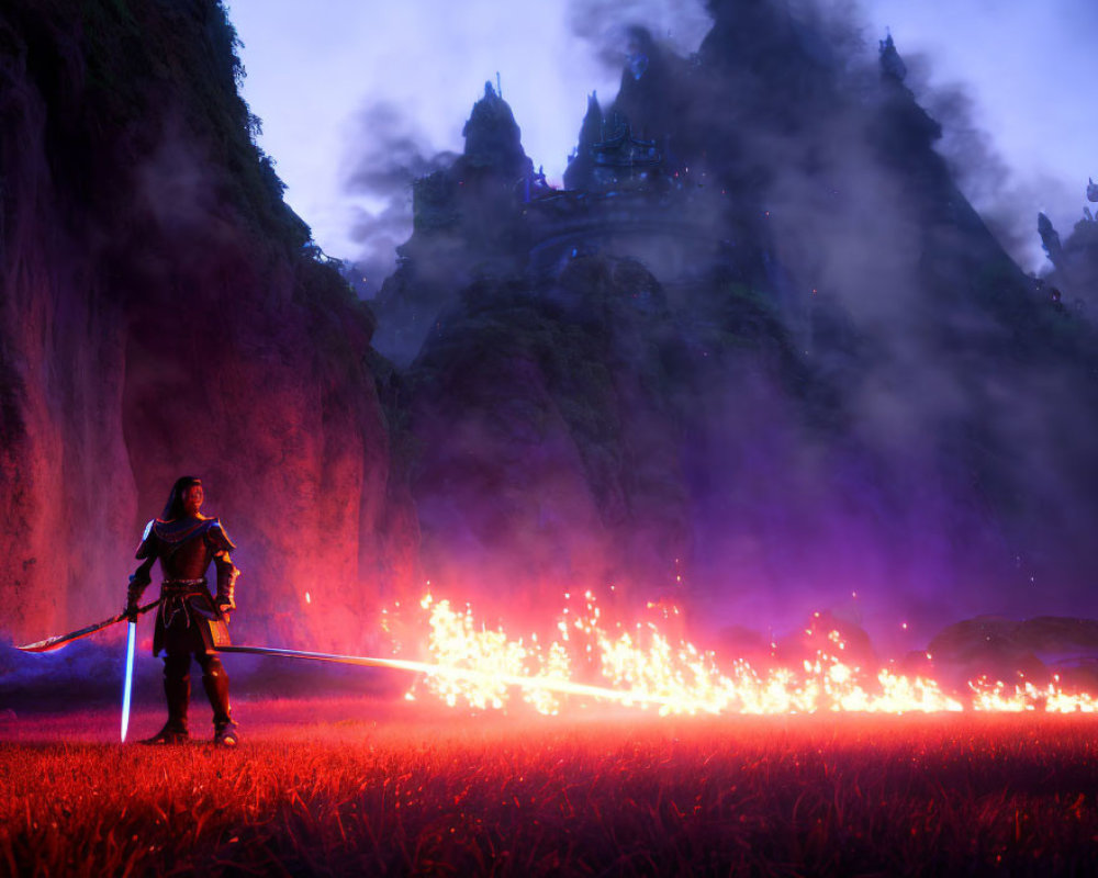 Warrior with glowing sword in mystical landscape with castle and mist