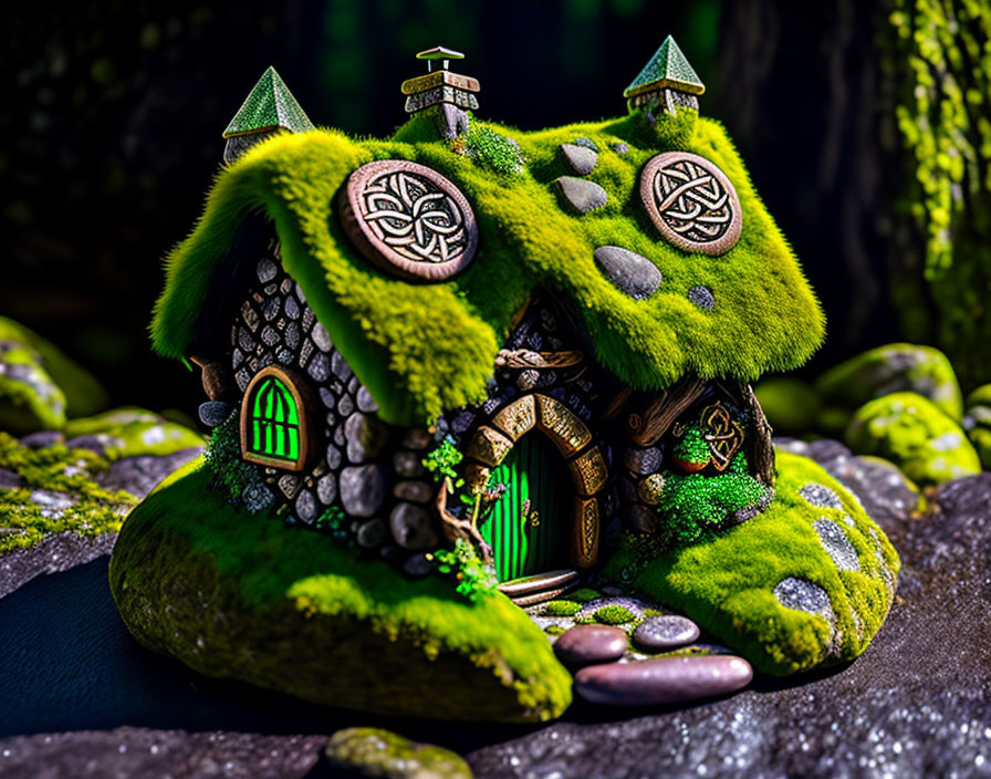 Miniature moss-covered house with round door and Celtic windows nestled among rocks and tree