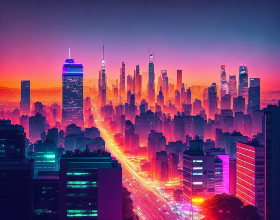 Futuristic neon-lit cityscape at dusk with skyscrapers in pink and blue hues