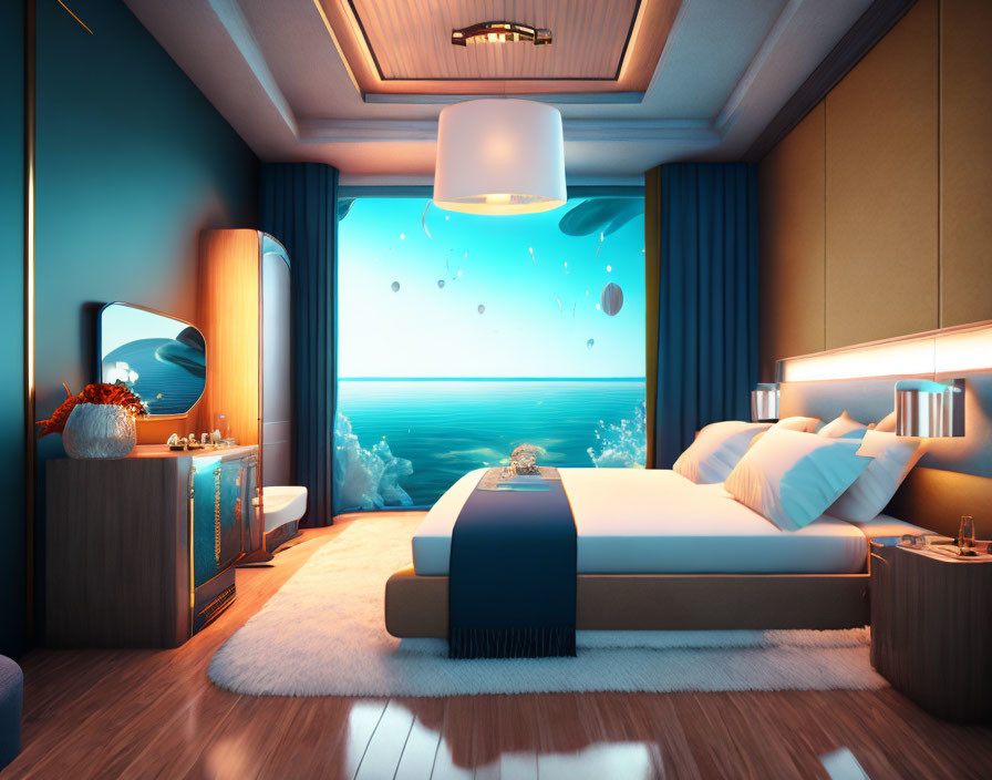 Contemporary bedroom with underwater view and sea life visible through window