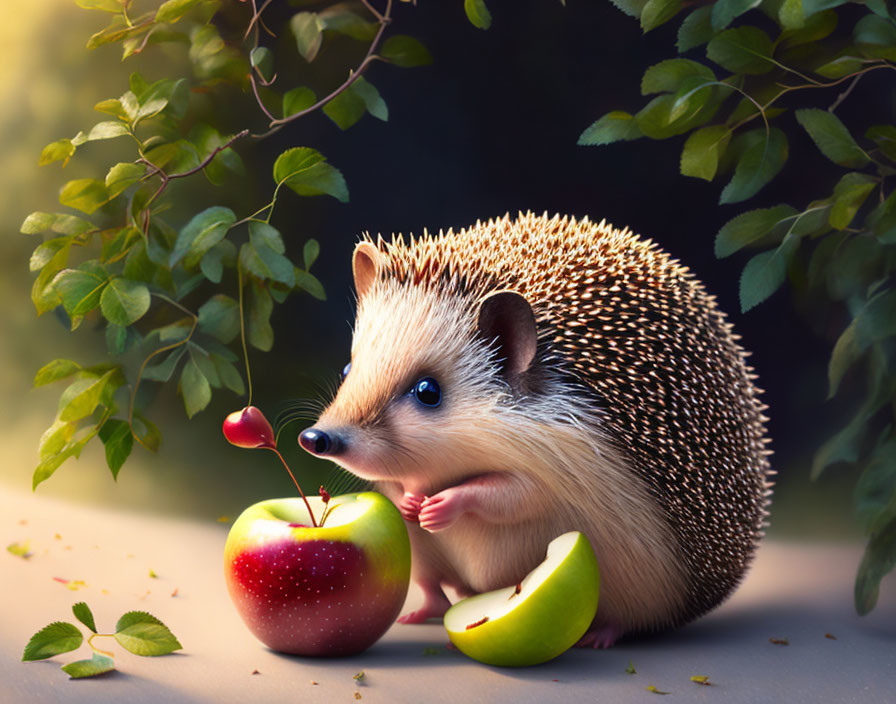 Adorable Hedgehog with Green Apple Slices and Cherry