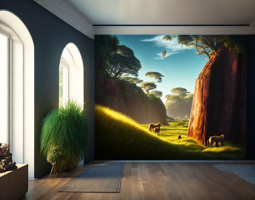 Spacious Room with Large Window-Wall Mural of Lush Landscape