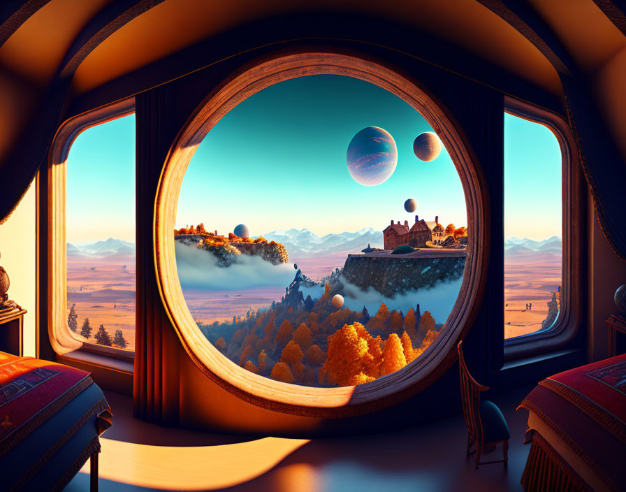 Circular window view of floating castle over autumn forests, deserts, planets