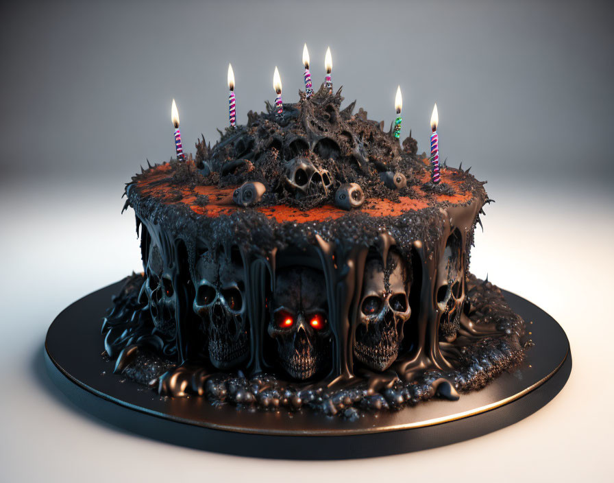 Gothic-themed birthday cake with skull motifs and dark icing