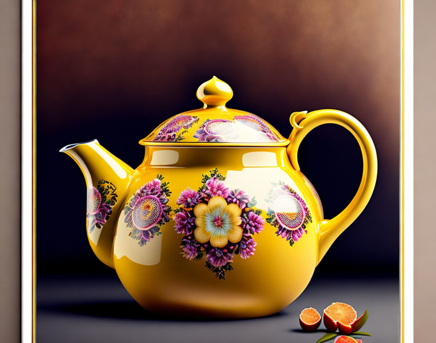 Yellow Teapot with Purple and Gold Floral Patterns on Dark Background