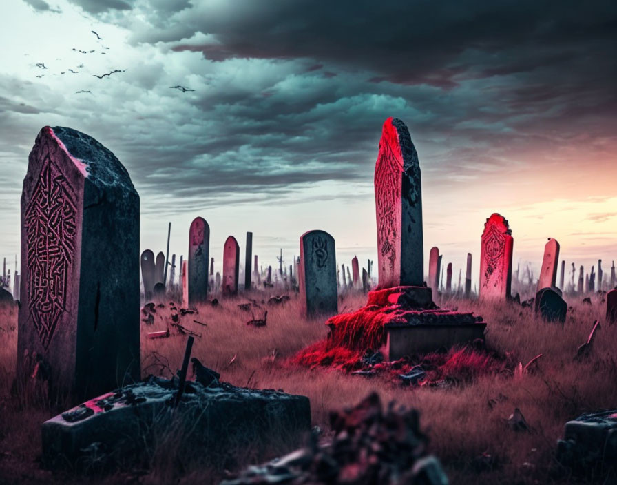 Old graveyard at dusk with red and blue sky, silhouetted birds, and weathered grav