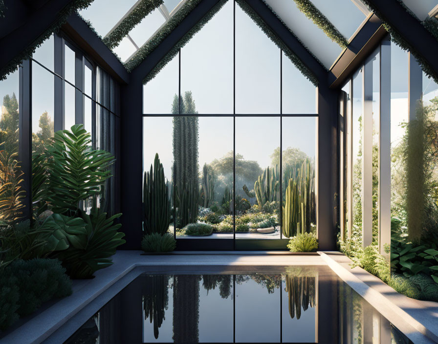 Contemporary indoor space with large garden-view windows & serene greenery
